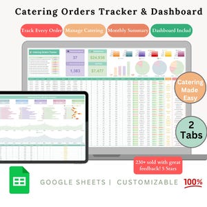 Könnte beinhalten: Ein digitales Catering-Bestell-Tracker und Dashboard, das auf einem Laptop und Tablet angezeigt wird. Die Oberfläche enthält Datenvisualisierungen und den Text "Track Every Order", "Manage Catering", "Monthly Summary" und "Dashboard Included". Das Bild enthält auch den Text "Catering Made Easy" und "2 Tabs".