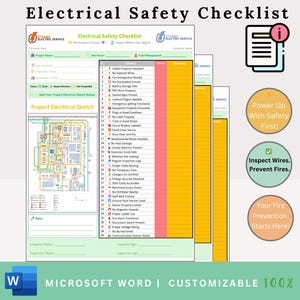 May include: A printable electrical safety checklist with a yellow and green colour scheme. The checklist includes a section for a project electrical sketch, a list of safety items to inspect, and a section for notes. The checklist is titled "Electrical Safety Checklist" and includes the text "Power Up With Safety First!" and "Inspect Wires. Prevent Fires."