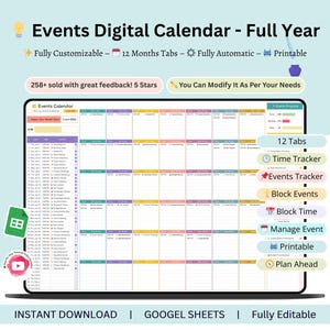 May include: A digital calendar displayed on a laptop screen, featuring a full-year view with 12 months. The calendar is fully customizable, automatic, and printable. Text includes "Events Digital Calendar - Full Year" and "You Can Modify It As Per Your Needs."