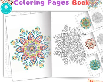 Puede incluir: Un libro para colorear abierto con el texto "1000+ Mandala Coloring Pages Book". La página izquierda muestra un diseño de mandala colorido, mientras que la página derecha muestra una versión en blanco y negro. Varios diseños de mandala más son visibles.