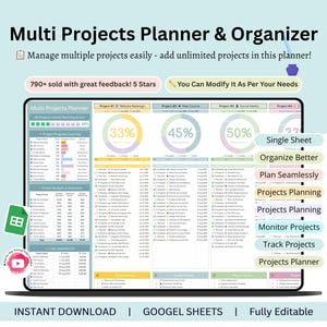 May include: Digital multi-project planner and organizer with a light blue background. The planner displays project progress with percentages and includes the text "Manage multiple projects easily - add unlimited projects in this planner!" and "Instant Download".