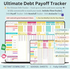 Könnte beinhalten: Ein digitaler Schuldenrückzahlungs-Tracker, der auf einem Laptop und einem Smartphone angezeigt wird. Der Tracker umfasst drei Optionen: Schuldenrückzahlung, Schulden-Schneeball und Schulden-Lawine. Funktionen umfassen das Verfolgen von bis zu 16 Schulden. Der Text lautet "Ultimate Debt Payoff Tracker".
