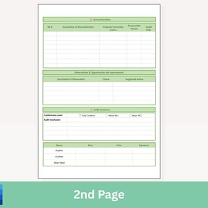 May include: A document titled "2nd Page" with a light green border. The document contains several tables with headers such as "Description of Nonconformity", "Description of Observation", and "Audit Summary". A Microsoft Word icon is in the bottom left corner.