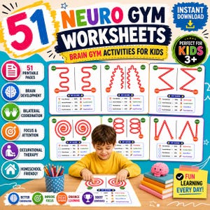 Puede incluir: Un conjunto de 51 hojas de trabajo Neuro Gym para niños con actividades de gimnasia cerebral. Las páginas incluyen trazado de líneas rojas, puntos de inicio y fin, y secciones de puntuación. El diseño utiliza texto e iconos coloridos.