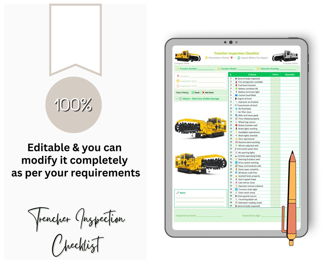 Trencher Inspection Checklist - Heavy Machinery - Trencher Machine ...