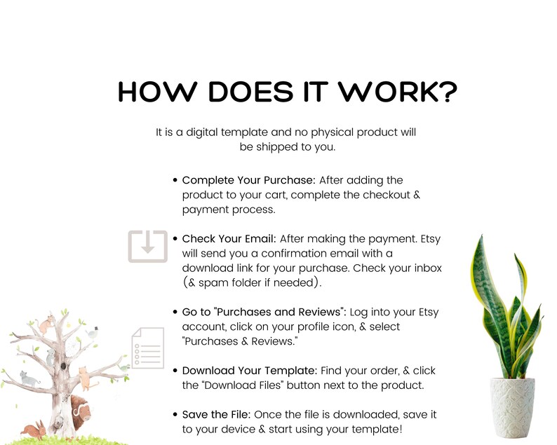 May include: White graphic with the text "HOW DOES IT WORK?" and instructions for digital template purchases. Includes steps for completing the purchase, checking email, and downloading the template. A potted snake plant and a watercolor tree are also in the image.