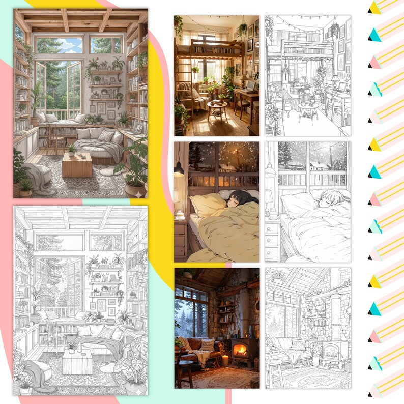 Puede incluir: Una colecci&oacute;n de ilustraciones que representan escenas de interiores acogedoras. Las im&aacute;genes muestran habitaciones con estanter&iacute;as, plantas y muebles c&oacute;modos. Algunas ilustraciones presentan a una persona durmiendo en la cama, mientras que otras muestran salones con chimeneas.