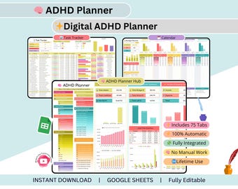 May include: Digital ADHD planner with task tracker, budget planner, and calendar views. The planner includes 75 tabs, is 100% automatic, fully integrated, and fully editable. The planner is designed for Google Sheets and is an instant download.