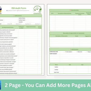 May include: A two-page ISO Audit Form template with a green and white design. The form includes sections for audit details, requirements, and observations. The bottom of the image has the text "2 Page - You Can Add More Pages Also".