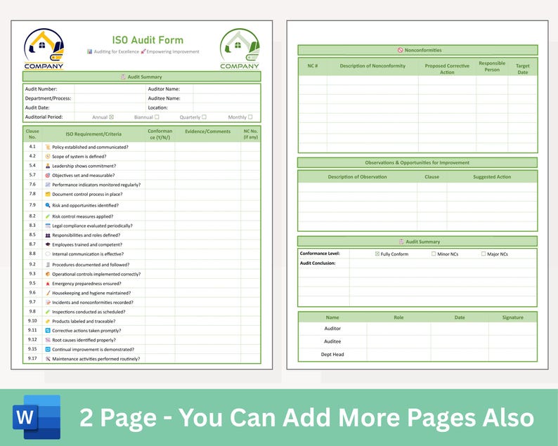 May include: A two-page ISO Audit Form template with a green and white design. The form includes sections for audit details, requirements, and observations. The bottom of the image has the text "2 Page - You Can Add More Pages Also".