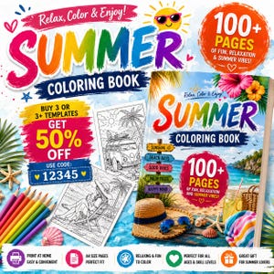 Op de afbeelding: Een zomerkleurboek met de titel "Summer Coloring Book". De omslag toont een strandscène met een hoed, zonnebril en schelpen. Bevat meer dan 100 pagina's plezier en ontspanning. Inclusief een kortingscode.