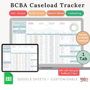 Pode incluir: Um rastreador digital de carga de trabalho BCBA exibido em um laptop e tablet. O rastreador é projetado para aplicações focadas em ABA e BCBA, com um registro de carga de trabalho. A imagem inclui o texto "GOOGLE SHEETS | CUSTOMIZABLE 100%" e "500+ sold with great feedback! 5 Stars."