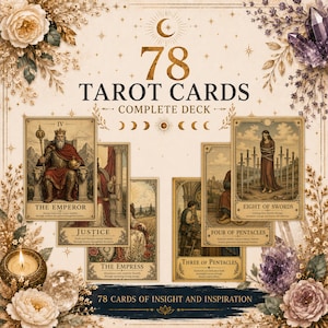 Pode incluir: Um baralho completo de 78 cartas de tarot com ilustrações de estilo vintage. As cartas exibem figuras como O Imperador, A Justiça, A Imperatriz, Três de Ouros, Quatro de Ouros e Oito de Espadas, rodeadas por motivos florais e cristais.