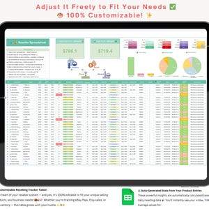 K&ouml;nnte beinhalten: Ein Tablet-Bildschirm mit einer digitalen Tabelle mit Finanzdaten und Diagrammen. Die Tabelle tr&auml;gt die Bezeichnung "Reseller Spreadsheet". Der Text oben lautet "Adjust It Freely to Fit Your Needs" und "100% Customizable!"