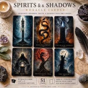 May include: A deck of Spirits & Shadows oracle cards featuring six rectangular cards with dark, mystical illustrations titled Meditation, Entanglement, The Black Candle, The Oracle, The Witching Tree, and The Seeker, measuring 2.87 inches by 5 inches.