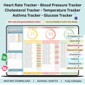 May include: A digital health tracker displayed on a laptop screen. The tracker monitors heart rate, blood pressure, cholesterol, temperature, asthma, and glucose levels. The text reads "344+ sold with great feedback! 5 Stars" and "You Can Modify It As Per Your Needs."