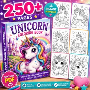 Może przedstawiać: Kolorowanka z jednorożcami z napisem "Unicorn Coloring Book" i "250+ Pages". Okładka przedstawia jednorożca z kwiatową koroną, tęczą i zamkiem. Zawiera plik PDF do wydruku i kolorowanki.