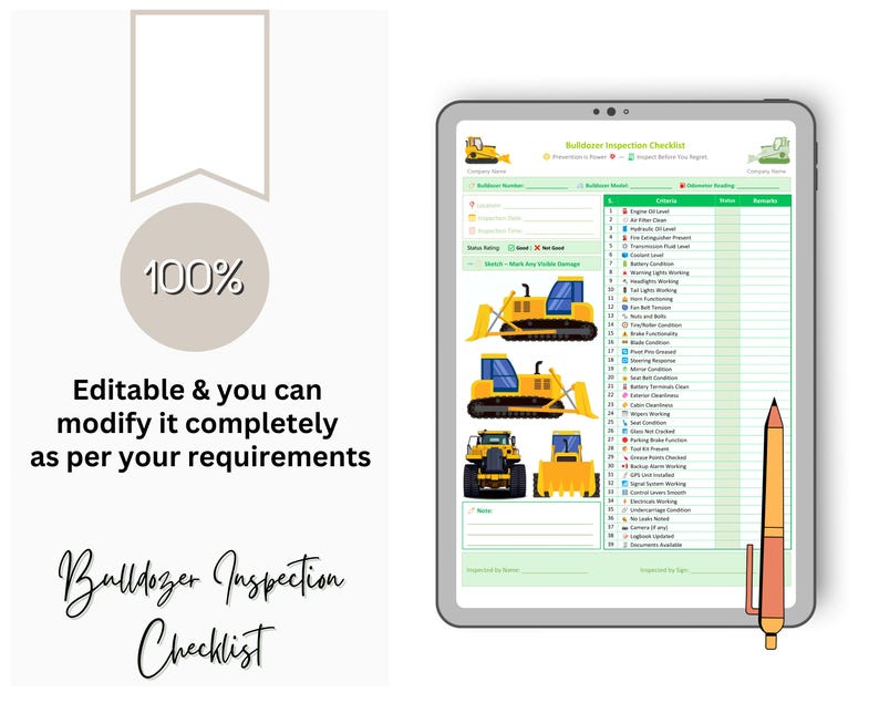 Bulldozer Inspection Checklist - Heavy Equipment Inspection Checklist ...