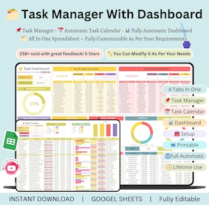 Puede incluir: Panel de control digital del administrador de tareas con una interfaz de hoja de cálculo. La imagen muestra varias pestañas, incluyendo un panel de tareas, calendario y rastreador. El texto incluye "Task Manager", "Fully Automatic" y "Printable".