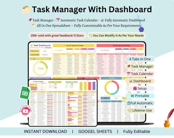 Task Manager - task management template - task management dashboard - task manager tool - task tracker google sheets template - task tracker