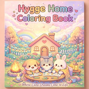May include: A colorful illustration of a coloring book titled "Hygge Home Coloring Book." The cover features a whimsical scene with a house, rainbow, and cute animal characters. The text "Where Cozy Dreams Come to Life" is also included.