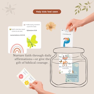 May include: A collection of affirmation cards with illustrations and Bible verses, including a toucan, butterfly, and deer. The cards are being placed into a clear jar. Text on the cards includes "I am becoming the best version of me."