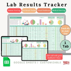 以下が含まれることがあります： ラップトップと2台のタブレットに表示されるデジタルラボ結果トラッカー。インターフェースにはグラフとデータテーブルが含まれています。「Lab Results Tracker」、「Patient Test Log」、「Test Result Tracker」などのテキストが含まれています。この製品はカスタマイズ可能です。