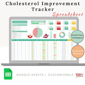 Könnte beinhalten: Ein Laptop zeigt eine "Cholesterinverbesserungs-Tracker-Tabelle". Der Bildschirm zeigt Diagramme und Datentabellen mit farbcodierten Abschnitten in Grün, Rot und Gelb. Text beinhaltet "Kontrollieren Sie Ihr Cholesterin" und "Cholesterin-Erholung". Das Dokument ist für Google Sheets.
