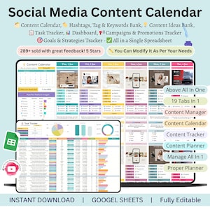 May include: A digital social media content calendar displayed on a laptop screen. The calendar includes sections for content ideas, task tracking, and campaign planning. Text on the screen includes "Content Calendar" and "Instant Download."