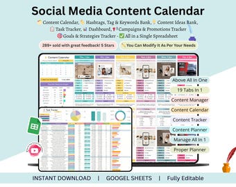 Content Calendar - content calendar spreadsheet - social media content calendar - social media calendar - social media content planner