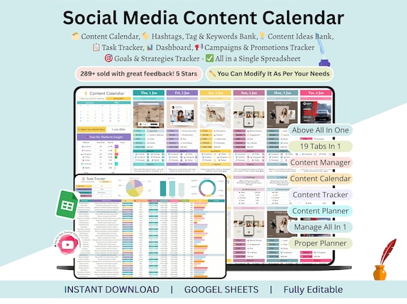 Content Calendar - content calendar spreadsheet - social media content calendar - social media calendar - social media content planner