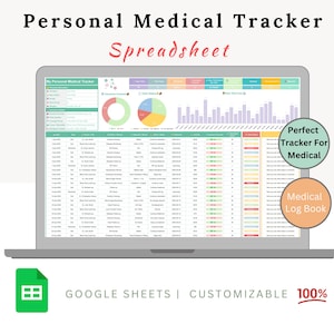 May include: A laptop computer displaying a Google Sheets spreadsheet titled "My Personal Medical Tracker". The spreadsheet includes charts, graphs, and data tables. The text "Perfect Tracker For Medical" and "Medical Log Book" are displayed in colorful boxes on the right side of the screen. The text "GOOGLE SHEETS | CUSTOMIZABLE 100%" is displayed at the bottom of the image.