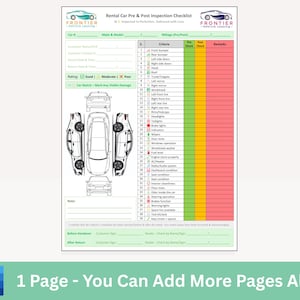 May include: A white and green rental car pre & post inspection checklist. The checklist includes sections for car details, a rating, and a detailed inspection of various car components. The Frontier logo is at the top.