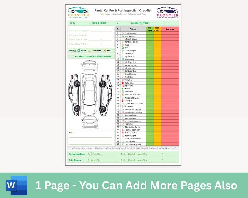 May include: A white and green rental car pre & post inspection checklist. The checklist includes sections for car details, a rating, and a detailed inspection of various car components. The Frontier logo is at the top.