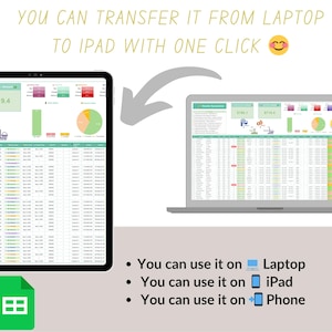 K&ouml;nnte beinhalten: Eine digitale Tabelle, die auf einem Laptop und Tablet angezeigt wird, mit Diagrammen und Daten. Der Text lautet "YOU CAN TRANSFER IT FROM LAPTOP TO IPAD WITH ONE CLICK." Zus&auml;tzlicher Text zeigt die Nutzung auf Laptop, iPad und Telefon an.