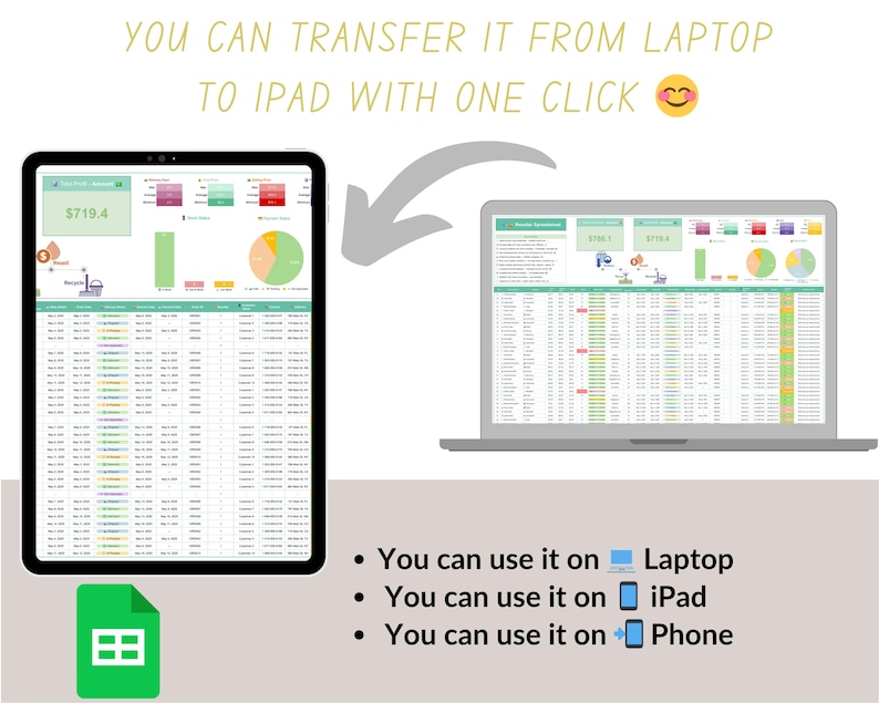 K&ouml;nnte beinhalten: Eine digitale Tabelle, die auf einem Laptop und Tablet angezeigt wird, mit Diagrammen und Daten. Der Text lautet "YOU CAN TRANSFER IT FROM LAPTOP TO IPAD WITH ONE CLICK." Zus&auml;tzlicher Text zeigt die Nutzung auf Laptop, iPad und Telefon an.