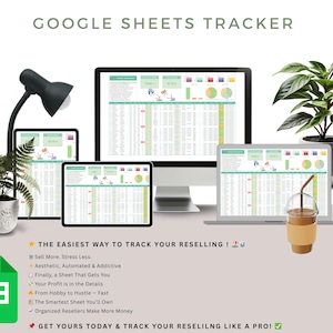 K&ouml;nnte beinhalten: Bild zeigt einen Google Sheets Tracker auf verschiedenen digitalen Ger&auml;ten, darunter ein Desktop-Computer, ein Laptop und Tablets. Der Text lautet "GOOGLE SHEETS TRACKER" und "THE EASIEST WAY TO TRACK YOUR RESELLING!"