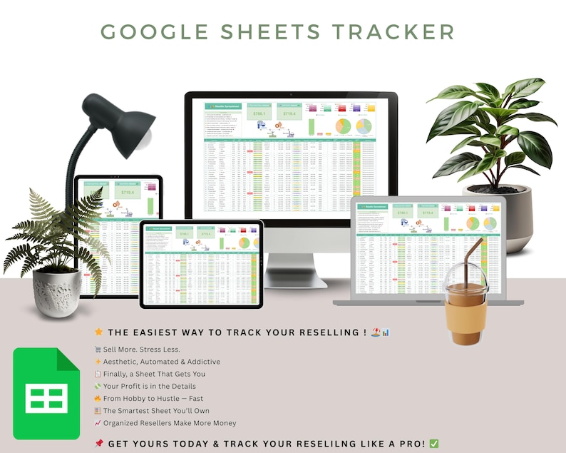 K&ouml;nnte beinhalten: Bild zeigt einen Google Sheets Tracker auf verschiedenen digitalen Ger&auml;ten, darunter ein Desktop-Computer, ein Laptop und Tablets. Der Text lautet "GOOGLE SHEETS TRACKER" und "THE EASIEST WAY TO TRACK YOUR RESELLING!"