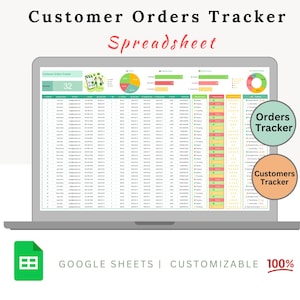 Puede incluir: Una pantalla de computadora portátil que muestra una hoja de cálculo de Google Sheets con un rastreador de pedidos de clientes. La hoja de cálculo tiene un esquema de color verde, amarillo y rojo. La hoja de cálculo se titula "Rastreador de pedidos de clientes". La hoja de cálculo tiene una serie de columnas, que incluyen "Número de pedido", "Nombre del cliente", "Fecha del pedido", "Total del pedido" y "Estado". La hoja de cálculo también incluye una serie de gráficos y diagramas. La hoja de cálculo es personalizable y 100% editable.
