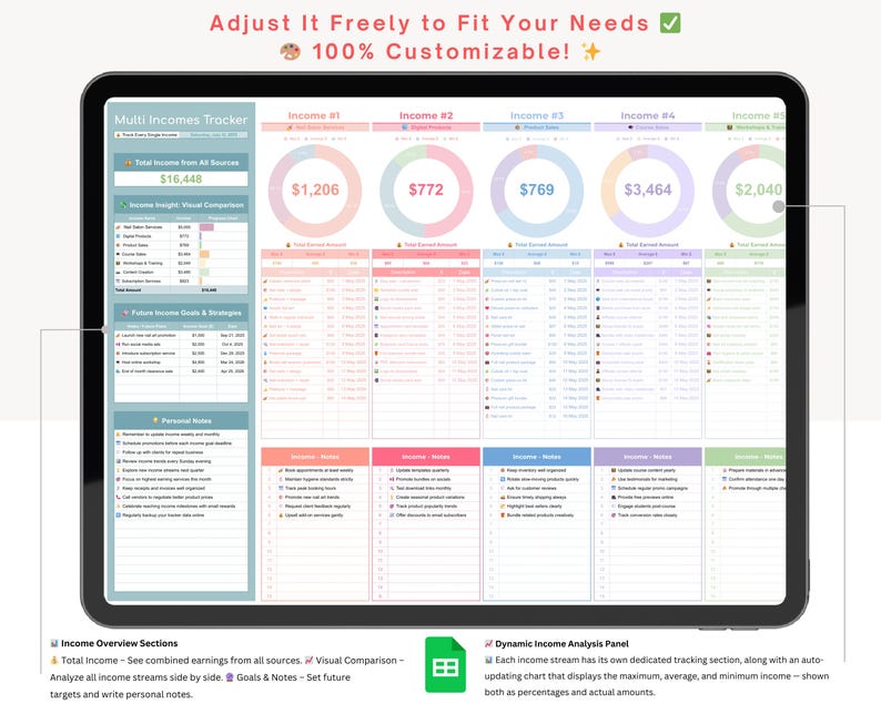 Tips Income Template Multi Income Tracker - Income Tracker - Income Tracker Sheets - Income ...