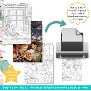 Puede incluir: Una impresora se muestra con varias p&aacute;ginas de libros para colorear con escenas de interiores acogedoras. Las p&aacute;ginas representan a una persona leyendo en un ambiente c&aacute;lido con un gato. El texto de la imagen dice "Buy 3 or 3+ templates & use code 12345 at checkout to enjoy 50% OFF!" y "500+ sold with 5 star rating."