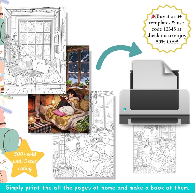 Puede incluir: Una impresora se muestra con varias p&aacute;ginas de libros para colorear con escenas de interiores acogedoras. Las p&aacute;ginas representan a una persona leyendo en un ambiente c&aacute;lido con un gato. El texto de la imagen dice "Buy 3 or 3+ templates & use code 12345 at checkout to enjoy 50% OFF!" y "500+ sold with 5 star rating."