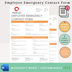 Employee Emergency Contacts Form - Emergency Info - Contact Form - Emergency Contacts - Contact Information - Employee Forms - HR Forms