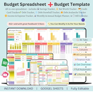 Könnte beinhalten: Digitale Budget-Tabellen-Vorlage mit mehreren Registerkarten und Funktionen. Enthält Spar-, Nettovermögens-, Schulden- und Einkommens-Tracker. Die Tabelle ist anpassbar, editierbar und vollautomatisch. Der Text "Budget Spreadsheet + Budget Template" ist ebenfalls enthalten.