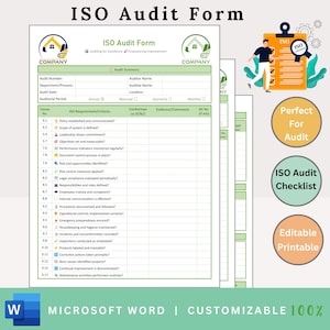 May include: A green and white ISO Audit Form template with a company logo, audit details, and checklist items. The form is designed for Microsoft Word and is customizable. The image also includes a graphic with the text "Perfect for Audit".
