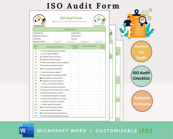 ISO Audit Form - ISO 14001 Audit - ISO 9001 Audit - iso 27001 Audit - iso 9001 Internal Audit - Internal Audit Template - iso 45001 Audit