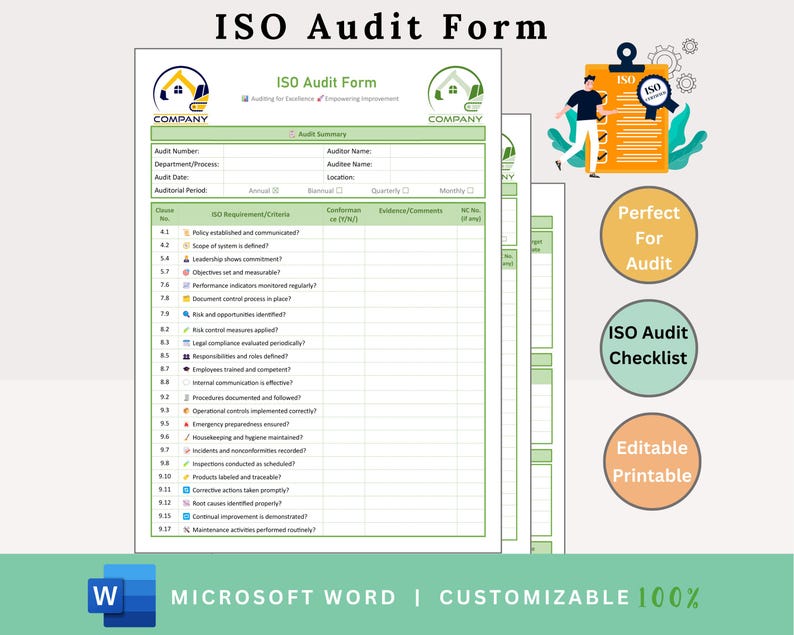 May include: A green and white ISO Audit Form template with a company logo, audit details, and checklist items. The form is designed for Microsoft Word and is customizable. The image also includes a graphic with the text "Perfect for Audit".