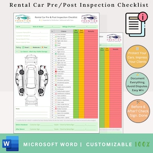 May include: A printable rental car pre/post inspection checklist. The document includes sections for car details, criteria, and remarks. The checklist is customizable and includes the Microsoft Word logo.