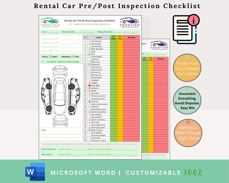 May include: A printable rental car pre/post inspection checklist. The document includes sections for car details, criteria, and remarks. The checklist is customizable and includes the Microsoft Word logo.