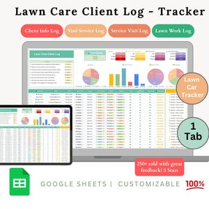 Peut inclure: Un suivi numérique des clients d'entretien de pelouse affiché sur un ordinateur portable et une tablette. L'écran affiche des graphiques et des données, avec des étiquettes telles que "Client Info Log" et "Yard Service Log". L'image comprend le texte "GOOGLE SHEETS | PERSONNALISABLE 100%."